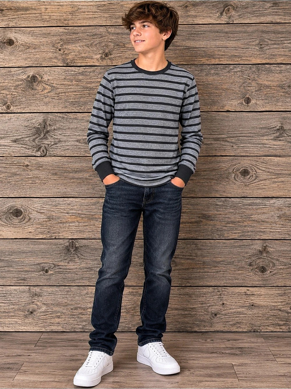 PLACE Kids Striped Thermal Long Sleeve Shirt Gray Black Youth XXL 16